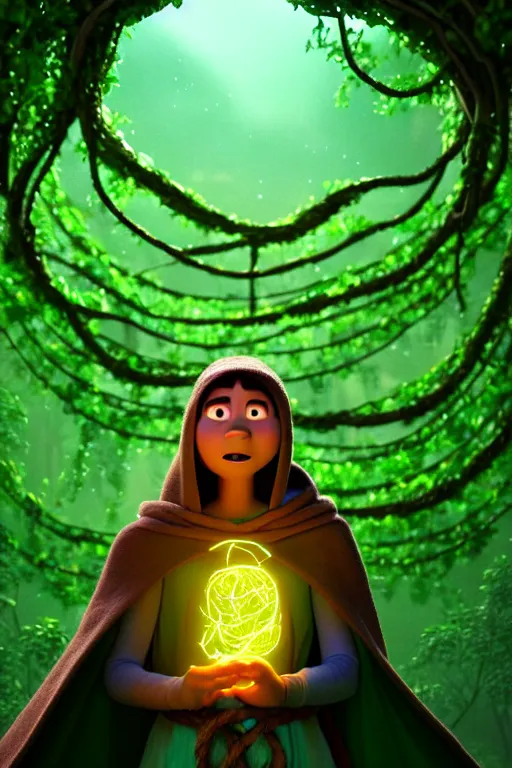 Image similar to A full body portrait of a cute shaman with no face, glowing eyes and a very long hooded dark green cloak of leaves and vines in the style of Pixar's Up 2009, stylized, Octane Render 4k