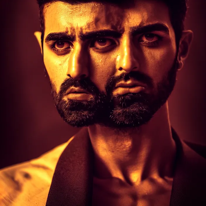 Image similar to cinematic bust portrait, sheikh, sultan, emir, head and chest only, dramatic pose, contemporary, masterpiece, cinematic composition, dramatic pose, beautiful lighting, sharp, details, hyper - detailed, hd, 4 k