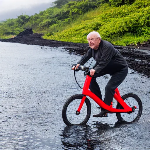 Image similar to elderly man on an aqua bike in a lava flow, volcano, eruption, magma, lava, canon eos r 3, f / 1. 4, iso 2 0 0, 1 / 1 6 0 s, 8 k, raw, unedited, symmetrical balance, wide angle