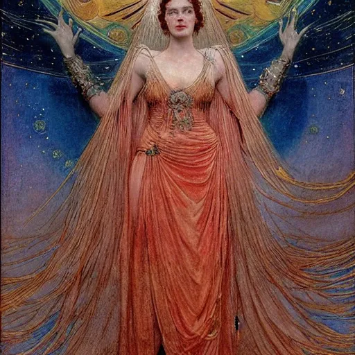 Image similar to the queen of the moon and the stars in full regalia, by Annie Swynnerton and jean delville and Edmund Dulac and Tino Rodriguez, elaborately costumed, rich color, dramatic cinematic lighting, extremely detailed