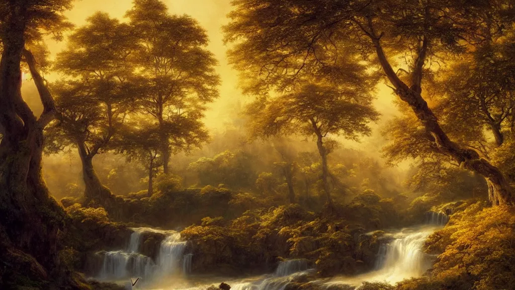 Prompt: the most beautiful panoramic landscape, oil painting, where a giant dreamy waterfall creates a river, the trees around are starting to bloom in yellow colors, a majestic deer is in close - up is under a giant tree and it is exhaling steam, the ray lights of the sunrise are brightening him, by greg rutkowski