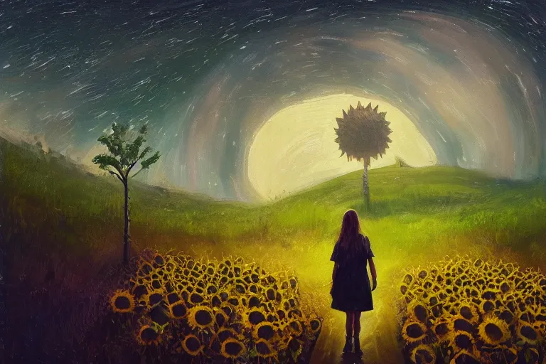 Prompt: giant sunflower as a face, girl walking between trees, hills, surreal photography, dark night, star trails, dramatic light, impressionist painting, clouds, digital painting, artstation, simon stalenhag