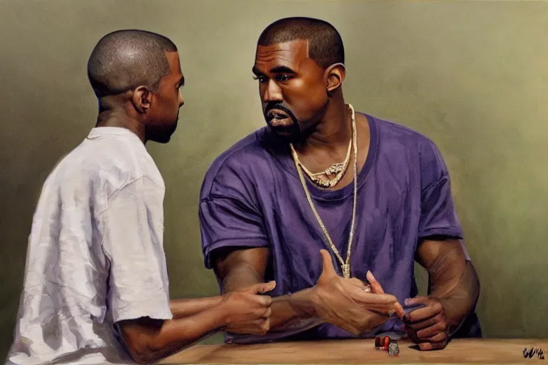 Image similar to Kanye West explaining something to Walt disney, oil painting by wilson mclean, sharp focus, a masterpiece, highly detailed