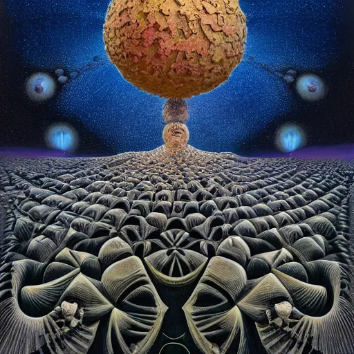 Image similar to planetary annihilation freak show, surrealism, fractalism, strange, hyperdetailed, photorealistic, interesting, benoit b. mandelbrot, m. c. escher, patrick woodroffe, ernst fuchs, zdzisław beksinski, id magazine, octane, cinematic, hyperrealism, 8 k, depth of field, bokeh