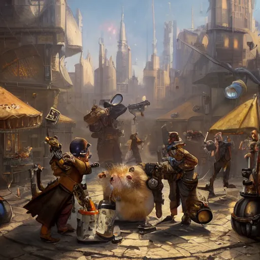 Image similar to oil painting of many hamsters with guns, steampunk clothes, steampunk city background, sharp focus, fantasy style, octane render, volumetric lighting, 8k high definition, by greg rutkowski, highly detailed, trending on art Station, dungeons and dragons artwork, centered