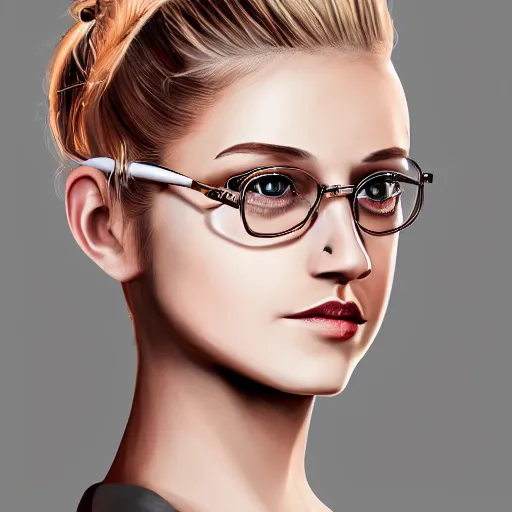 Image similar to a severe french woman with blonde hair tied in a strict bun, spectacles, lots of makeup, rich, character portrait, digital art, high quality, 8 k, detailed, d & d character,