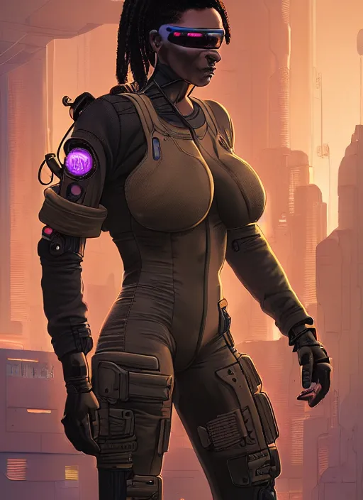 Image similar to sonya igwe. cyberpunk mercenary in tactical harness and jumpsuit. dystopian. portrait by stonehouse and mœbius and will eisner and gil elvgren and pixar. realistic proportions. cyberpunk 2 0 7 7, apex, blade runner 2 0 4 9 concept art. cel shading. attractive face. thick lines. moody industrial landscape.