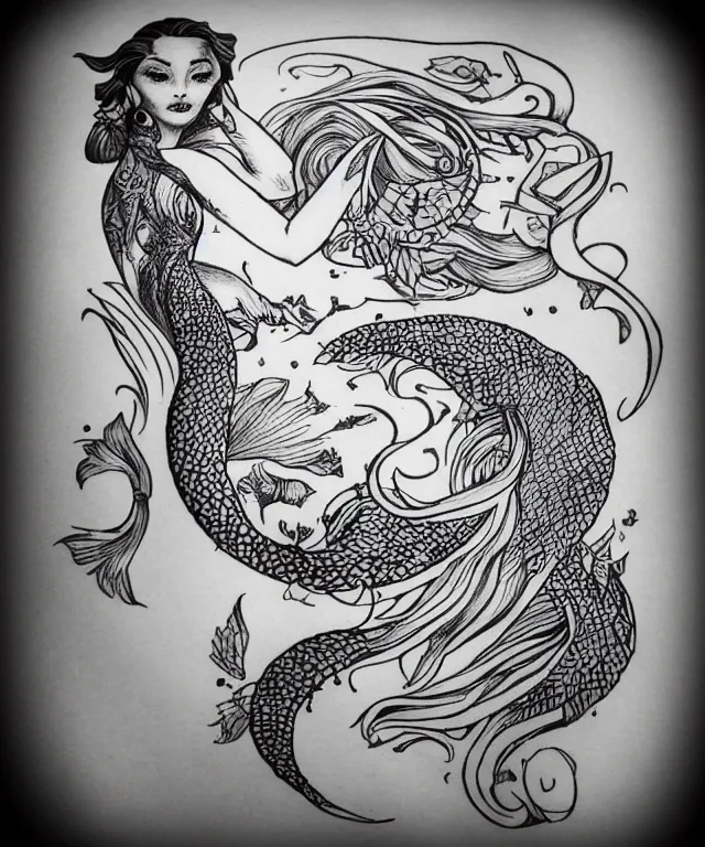 Image similar to tattoo design illustration, black ink on white paper, beautiful mermaid, full body