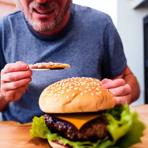 Prompt: photo of a man eating a burger