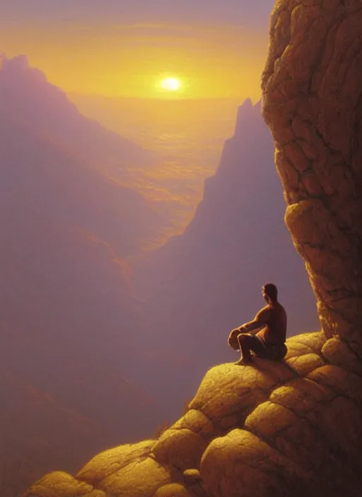 Image similar to an indigenous man sitting at the top of a cliff, looking down at the valley, doing a vision quest, beautiful sunset, art by christophe vacher