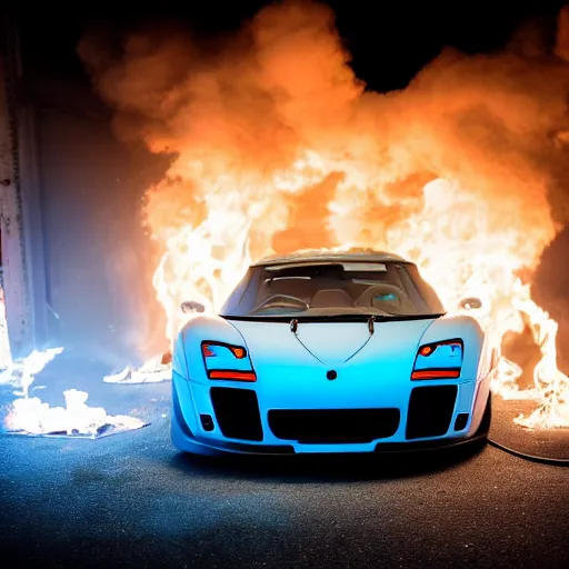 Image similar to Baby Blue Noble M600 set on fire in a ghetto, neon white lighting, 8k UHD, studio photography, high quality, high detail, stunning lighting