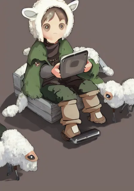 Prompt: beautiful little boy wearing sheep suit using a smartphone while sitting on chair, gray, blue, green and brown pallet color. made in abyss art style, inspired in kris from deltarrune, cute detailed artwork, anatomically correct, soft details, ilya kuvshinov, reflection