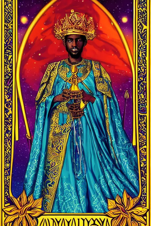 Image similar to beautiful and refined engraved tarot card featuring an ornate, realistic, and regal high key studio anaglyph portrait of an attractive young sudanese king with a crown of flower petals in front of a brilliant nebula by Eric Lafforgue, by Suicide Girls, by Dan Mumford, by Jim Fitzpatrick, featured on deviant art, trending on artstation