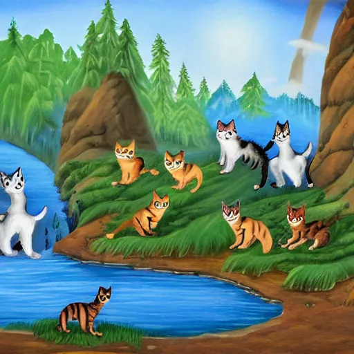 Image similar to a beautiful scenic painting of a group of adventurers cats