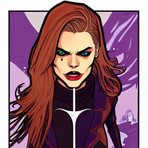 Image similar to Jamie McKelvie comic art, loish, Alphonse Mucha, pretty female Samara Weaving vampire, very sharp vampire fangs teeth, bloody blood on face face, sarcastic smile, symmetrical eyes, symmetrical face, brown leather jacket, jeans, long black hair, full body, bright colors, highly saturated