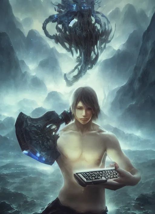 Image similar to upper body portrait of a keyboard warrior from final fantasy live action, holding a keyboard by his computer, award winning, masterpiece digital painting by greg rutkowski, alex grey, artstation, 4 k wallpaper,