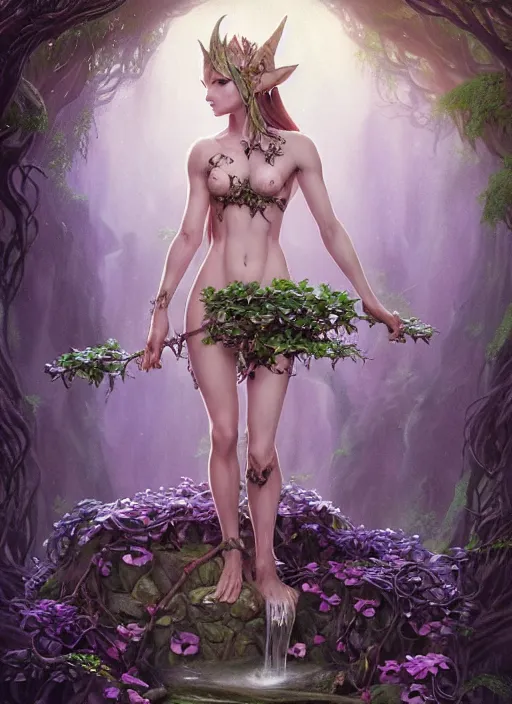 Prompt: beautiful full body portrait of the legend of zelda great fairy fountain, her body wrapped with ivy vines and flowers, dark fantasy esoteric, d & d, fantasy, cinematic lighting, intricate, elegant, highly detailed, digital painting, artstation, concept art, matte, sharp focus, illustration, art by artgerm and tom bagshaw and greg rutkowski and alphonse mucha