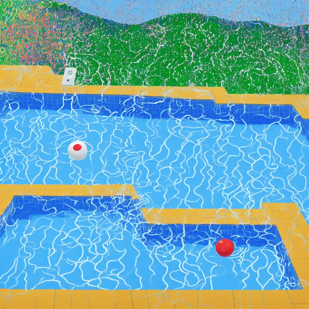 Prompt: A computer levitating above a pool with a white splash, painting by David Hockney