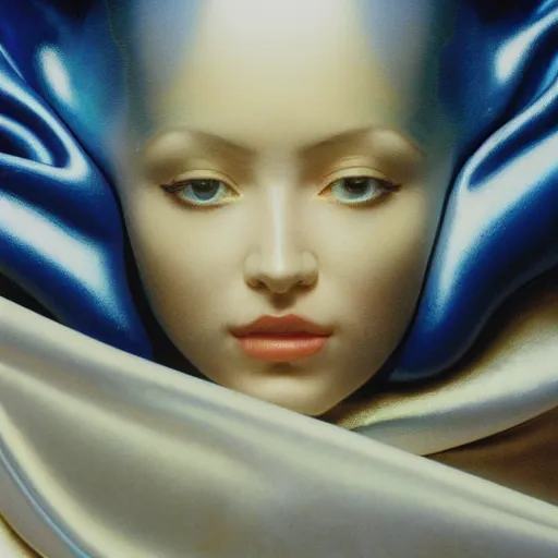 Image similar to a chrome woman's face in flowing sheets of cobalt blue gold chrome silver satin, by ivan aivazovsky syd mead moebius roger dean donato giancola michael whelan yoshitaka amano jan de heem pieter claesz paul delaroche alma tadema aelbert cuyp willem claesz isaac levitan, hyperrealistic volumetric light render