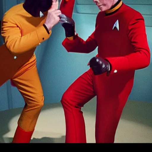 Prompt: star trek banana monsters punching red suit captain duel