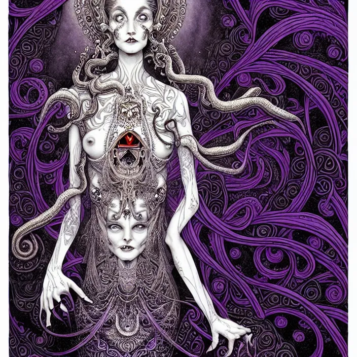 Image similar to depicting a highly detailed beautiful lovecraftian female priestess, in the style of joe fenton, dynamic energetic pose, exuberant organic elegant forms, perfect face, pale skin, by dan hillier : : 1. 4 purple, red, blue, green, black intricate mandala explosions : : intuit art : : turbulent water backdrop : : damask wallpaper : : atmospheric