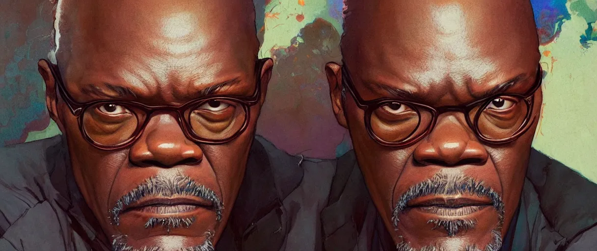Prompt: portrait of samuel l jackson staring angrily - art, by wlop, james jean, victo ngai! muted colors, very detailed, art fantasy by craig mullins, thomas kinkade cfg _ scale 8