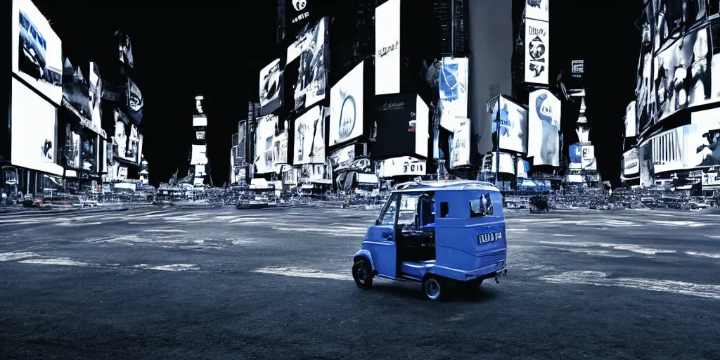 Prompt: a blue and white tuk tuk in Times Square at night, dark washed tint, dream-like heavy atmosphere, dark baroque painting, beautiful detailed intricate insanely detailed octane render trending on Artstation, 8K artistic photography, photorealistic, dramatic volumetric cinematic perfect light, chiaroscuro, award-winning photograph, masterpiece, Raphael, Caravaggio, Beksinski, Giger, 4k