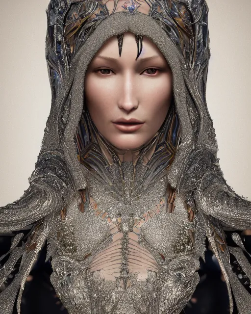 Prompt: a highly detailed metahuman 8 k close up render of bella hadid with a veil all over her face renaissance in iris van herpen dress schiaparelli in diamonds crystals swarovski and jewelry iridescent in style of alphonse mucha trending on artstation made in unreal engine 4