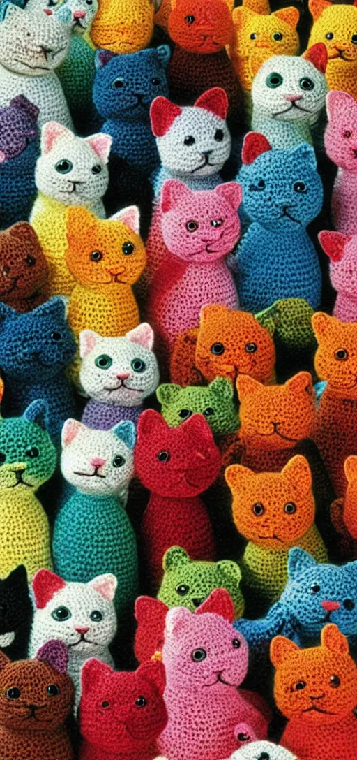 Image similar to multicolored crocheted cats, 1 9 7 0 s catalogue photo,