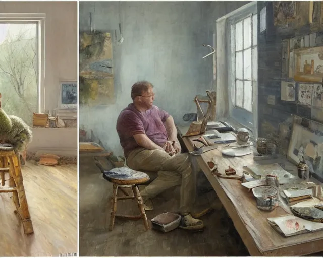 Image similar to an exhausted painter in his studio painting a picture of a pepe the frog - key lighting, soft lights, foggy, by steve hanks, by lisa yuskavage, by serov valentin, by tarkovsky, 8 k render, detailed, oil on canvas