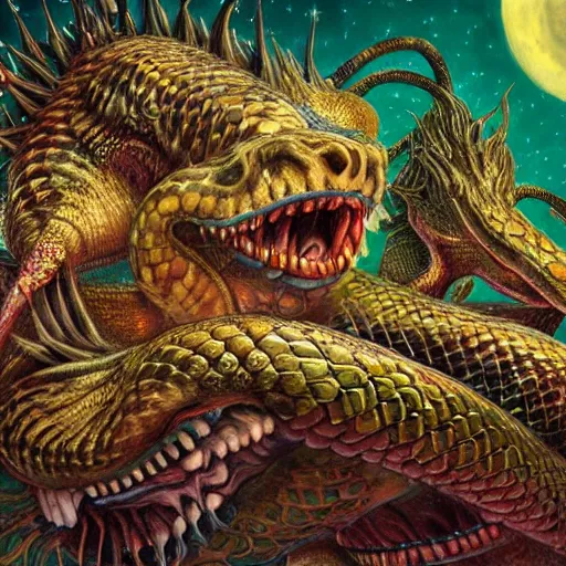 Prompt: hyper - detailed high painting of giant heads joined by snakes, the heads are open they have spiked scales and sharp teeth, the mouth is open and monstrous beings of all kinds run and scream, horror surreal art cosmic horror weird bizarre art