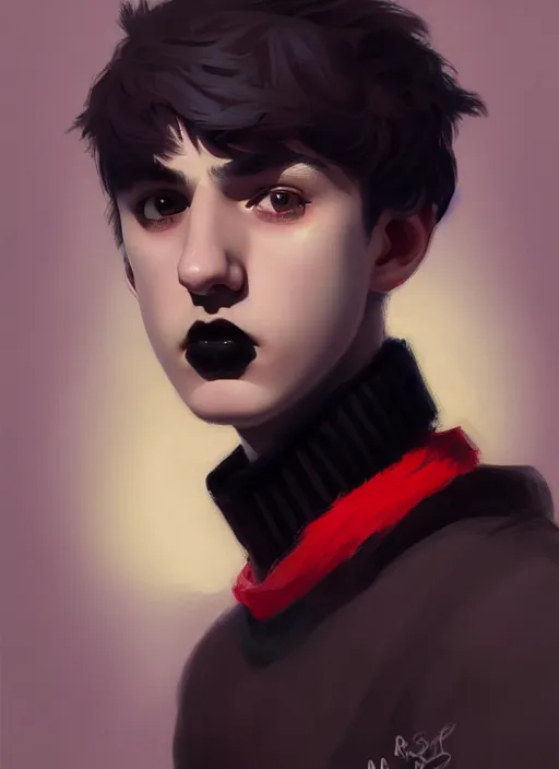 Prompt: portrait of an awkward teen boy with a crooked nose and a confident expression, 1 9 6 0 s, black clothes, goth, punk, brightly coloured hair, funk, intricate, elegant, highly detailed, digital painting, artstation, concept art, smooth, sharp focus, illustration, art by wlop, mars ravelo and greg rutkowski