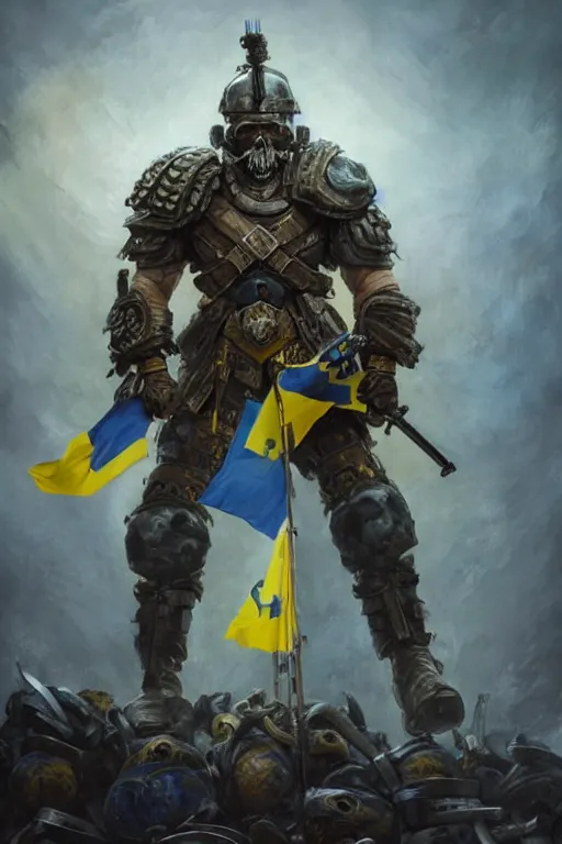 Image similar to a distant shot from behind of a Ukrainian super soldier with blue and yellow flag behind him standing alone on a huge pile of skulls as a winner, masculine muscular figure, D&D, fantasy, intricate, elegant, highly detailed, extremely detailed, digital painting, artstation, concept art, matte, sharp focus, symmetrical, illustration, art by Artgerm and Greg Rutkowski and Alphonse Mucha