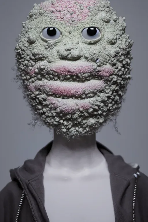 Image similar to full head and shoulders, beautiful porcelain female person, mixed with three giant frog spawn eyes, smooth, delicate facial features, white detailed eyes, white lashes, 3 d white shiny thick, wearing colourful streetwear, background is an empty art gallery, by daniel arsham and james jean, featured in pictoplasma
