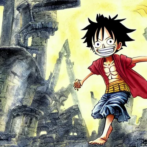 Image similar to luffy in the harry potter universe far away at some ruins from a castle. a wizard is already there and summons a portal that would take me back home.