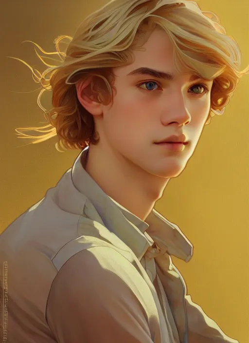 Prompt: pretty young man with shoulder length shiny shimmering golden blond hair, path traced, highly detailed, high quality, digital painting, by studio ghibli and alphonse mucha, leesha hannigan, wenjun lin, disney