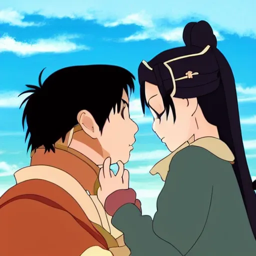 Image similar to Prince Zuko and Katara kissing at sunset in the style of Studio Ghibli