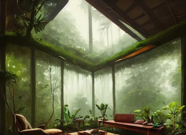 Image similar to a beautiful painting of the interior of a geodesic house in a moist tropical rainforest, living room, by greg rutkowski, realism, artstation, nature