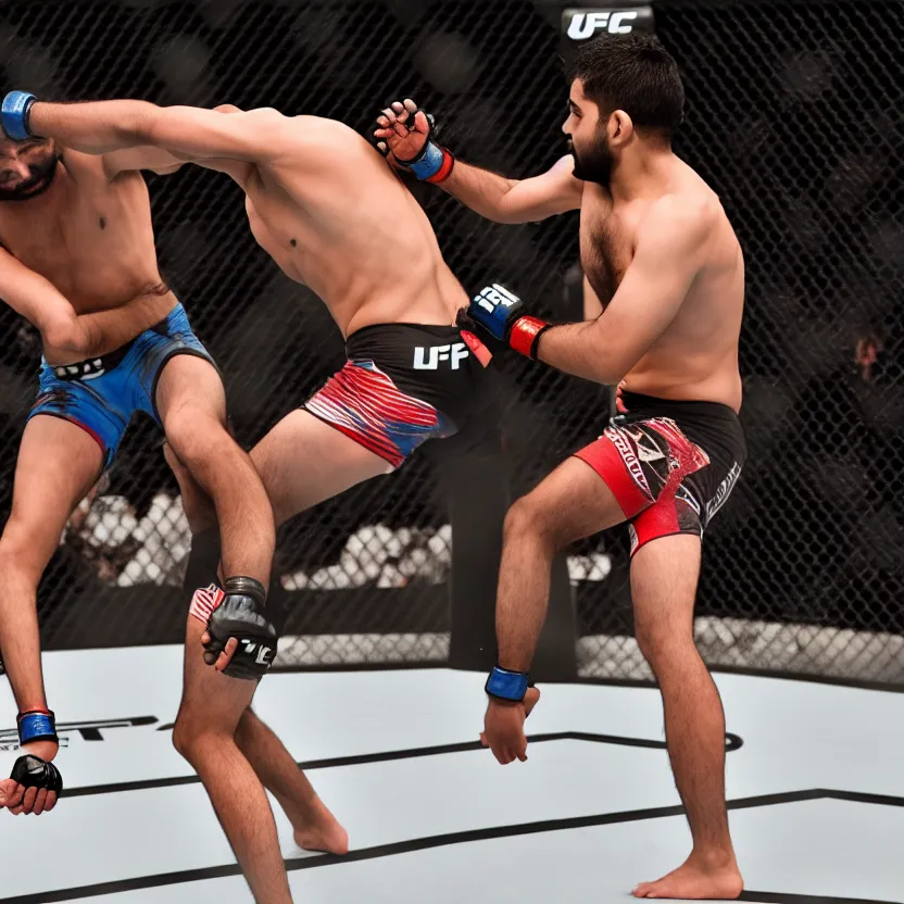 Image similar to ufc fight between rohit sharma & virat hohli in octagon, ultra realistic, highly detailed, canon 3 5 mm photography