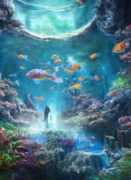 Image similar to people observing lots of beautiful fish in an underground aquarium corridor, in the style of andreas hoher, fantasy art, ray tracing, water droplets, highly detailed, artstation trend, highly detailed and intricate, sharp focus, photography, unreal engine 5