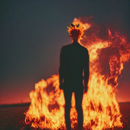 Prompt: kodak portra 4 0 0 photograph of a skinny blonde guy standing in field on fire, back view, flower crown, moody lighting, telephoto, 9 0 s vibe, blurry background, vaporwave colors, faded!,