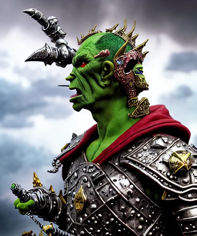 Image similar to hyperrealistic rendering, epic ornate supreme orc goblin overlord, jewel crown, war armor battle, by art of skinner and richard corben, product photography, collectible action figure, sofubi, hottoys, storm clouds, outside, lightning