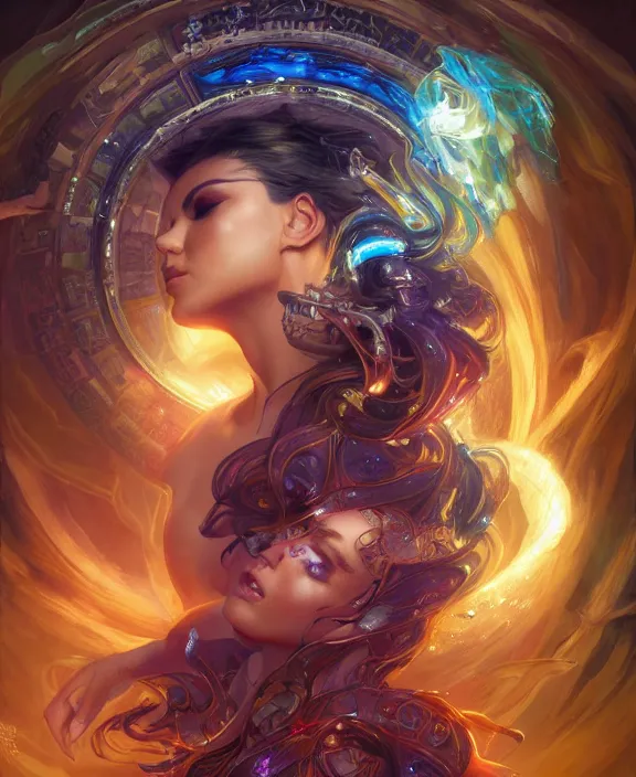 Image similar to a whirlwind of souls rushing inside the metaverse, half body, glowin eyes, tiara with sapphire, pharaoh, android, cyberpunk, d & d, fantasy, intricate, elegant, highly detailed, colorful, vivid color, digital painting, artstation, concept art, art by artgerm and greg rutkowski and alphonse mucha and ruan jia