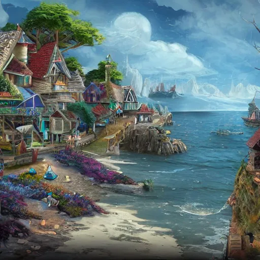 Prompt: a seaside village, fantasy style, trending on artstation