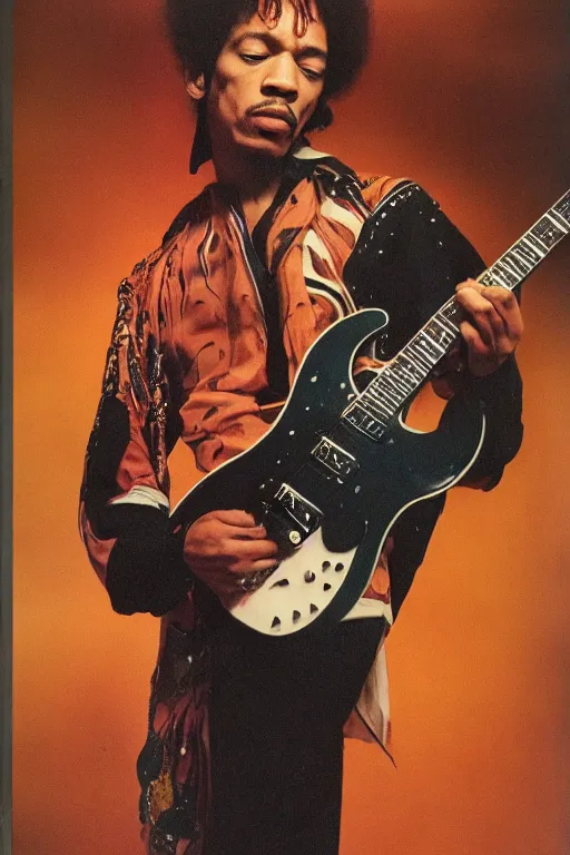 Prompt: photo of jimi hendrix playing guitar, styled by nick knight posing, showstudio, face close up, vogue magazine, 1 9 7 0, canon, highly realistic. high resolution. highly detailed. dramatic. 8 k. 4 k