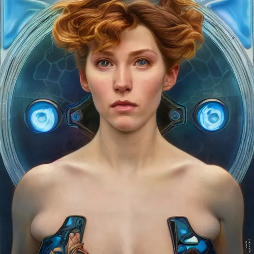 Image similar to Portrait of Samus Aran with blue jumpsuit drawn by Donato Giancola and Tom Bagshaw, face by Artgerm, overall design by Alphonse Mucha, background by James Jean and Gustav Klimt, light by Julie Bell, 4k, porcelain skin, komorebi, french nouveau, trending on artstation, octane render, hyperrealistic