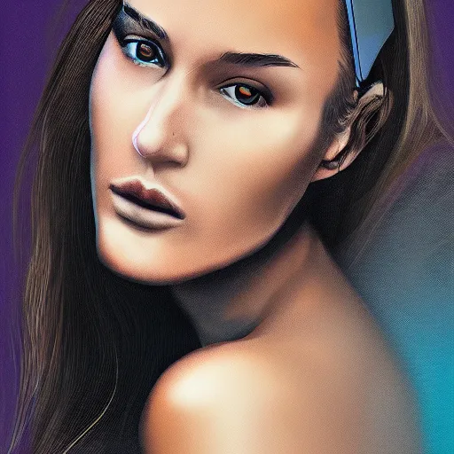 Image similar to portrait of bar refaeli with a half robotic face, digital art