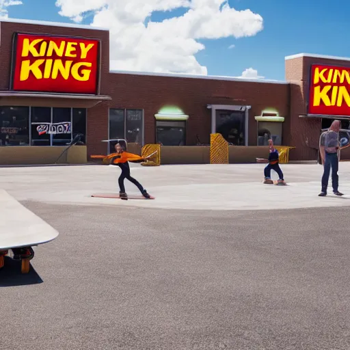 Prompt: kenny g skateboarding in a burger king parking lot, epic, cinematic, realism, ultra detailed, 8 k, film still