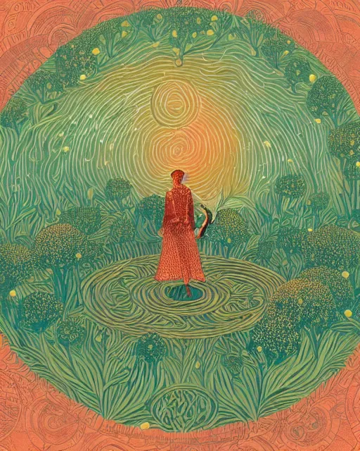 Image similar to a druid standing in a circle at the beginning of the world by Victo Ngai