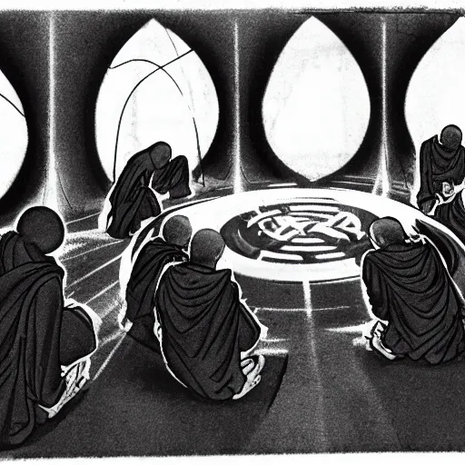 Image similar to 5 monks kneeling in a circle with wires coming out of the back of their heads connecting them to a computer in the center, dark shadowy surroundings, dystopian scifi, horror